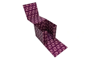 A custom collapsible rigid box in deep purple with pink monogram branding, showcasing a patented foldable structure for 75% logistics savings. Produced by ZY Pack in Wenzhou, China, this sustainable packaging solution is designed for global luxury retail brands