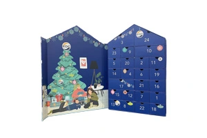 A house-shaped luxury Christmas advent calendar box with 24 individual drawers featuring holiday illustrations for brand EDC. Produced by ZY Pack's 10,000㎡ facility in Wenzhou, China, utilizing automated lines to ensure timely delivery for global seasonal retail orders