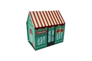 A creative 3D house-shaped gift box designed for premium chocolates, featuring a striped awning and detailed storefront illustrations. Manufactured by ZY Pack in Wenzhou, China, using ISO-9001 and FSC-certified processes to ensure high-fidelity color and structural integrity for global food and confectionery brands