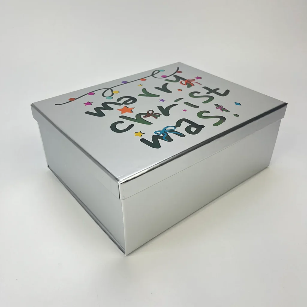 Custom luxury gift rigid box made of metallic silver cardstock with vibrant blue UV printing by ZY Pack