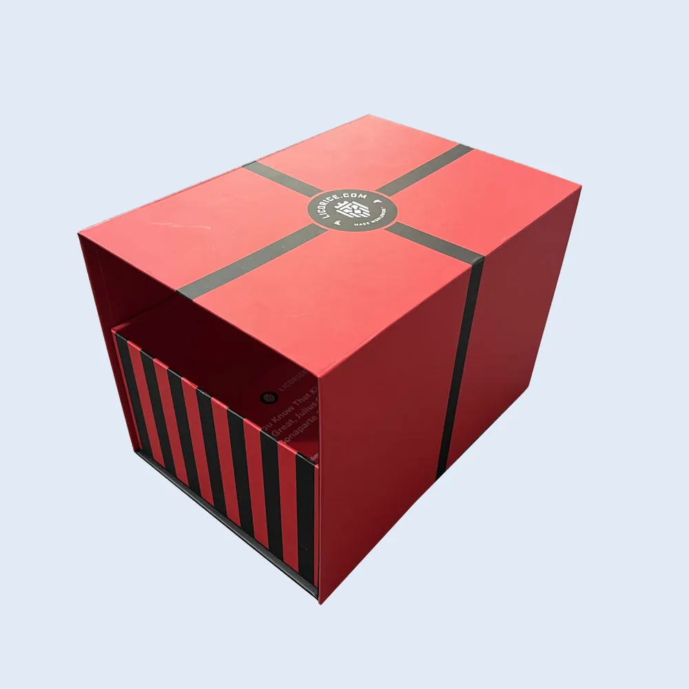 Irregular Shaped Box collapsible folding rigid box red black stripe licorice zypack 4