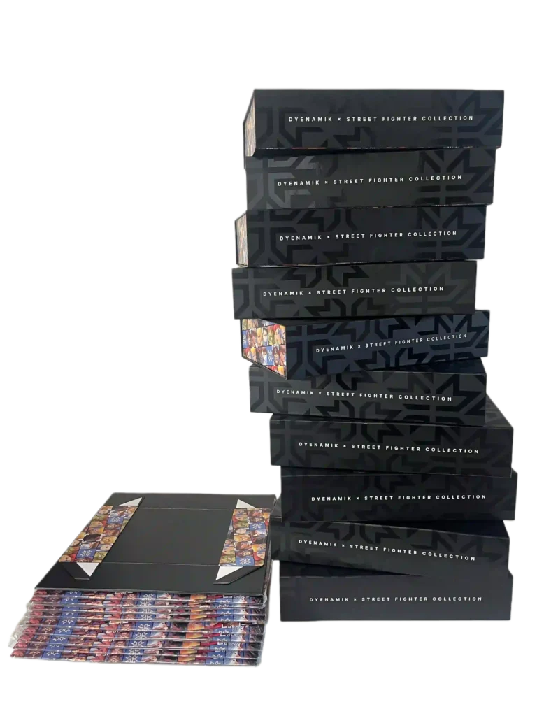 Comparison of 10 assembled luxury magnetic rigid boxes versus 10 flat-packed collapsible boxes, demonstrating a 90% reduction in shipping and storage volume for oversized packaging.