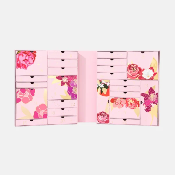 Beauty & Skincare Packaging Premium pink floral beauty advent calendar box with multiple drawers for skincare sets, featuring precision 1mm alignment and gold foil stamping by ZY PACK.
