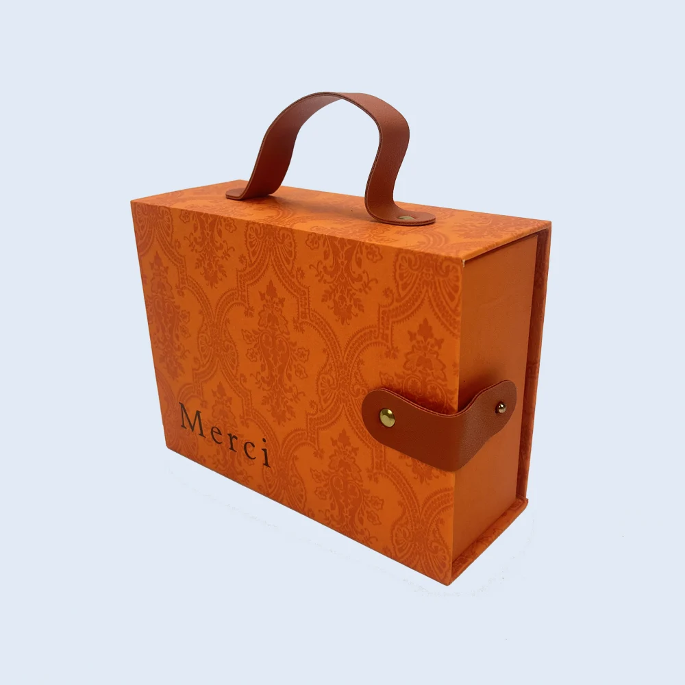 luxury sliding drawer box pu leather handle orange texture zypack
