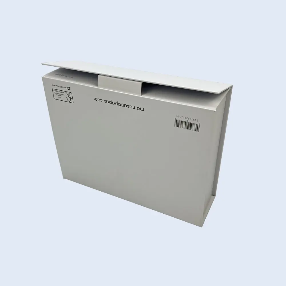 Sustainable & Plastic-Free Packaging Eco-friendly white rigid gift box for Mamas & Papas with magnet-free paper tab closure, 100% recyclable sustainable packaging by ZY Pack China.