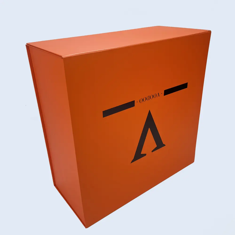 Giant orange oversized collapsible rigid box (OS12) featuring high-density glossy paperboard for premium retail brand kits.