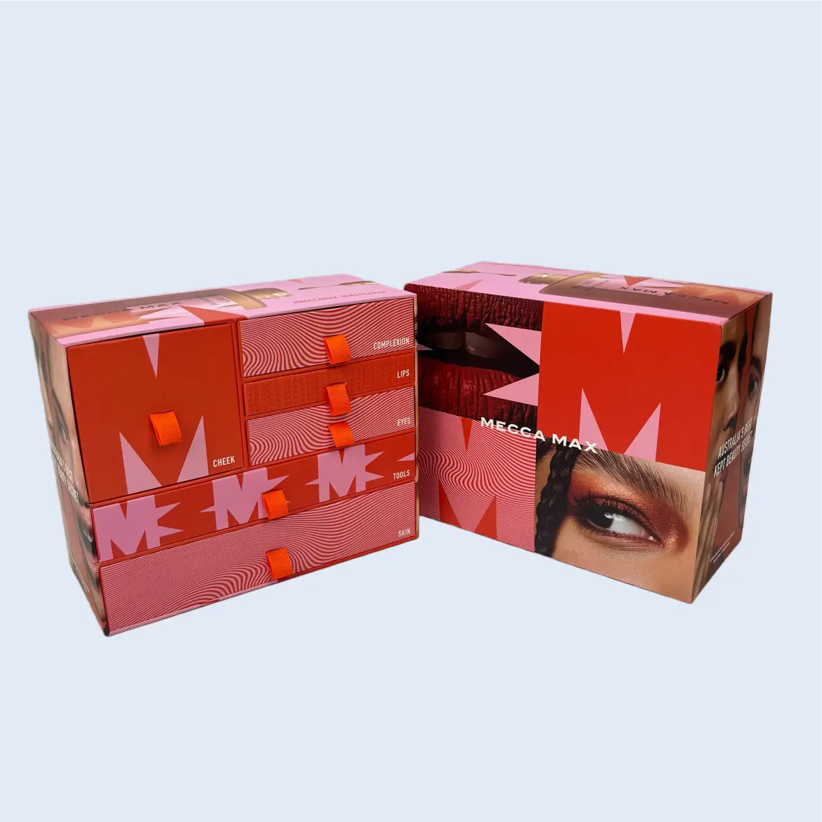 Beauty & Skincare Packaging Custom multi-drawer rigid beauty box with vibrant orange ribbon pulls and high-fidelity facial graphics, designed for Mecca Max cosmetics by ZY Pack.