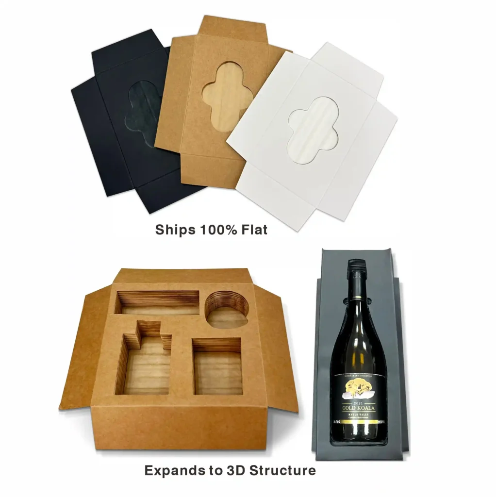 Visual demonstration of expandable honeycomb custom box inserts. Top: Shows inserts shipping 100% flat (Black, Kraft, and White) to minimize logistics costs. Bottom: Shows the 'pop-up' transformation into a rigid 3D protective structure securely holding a wine bottle. A plastic-free, FSC-certified alternative to EVA foam packaging.