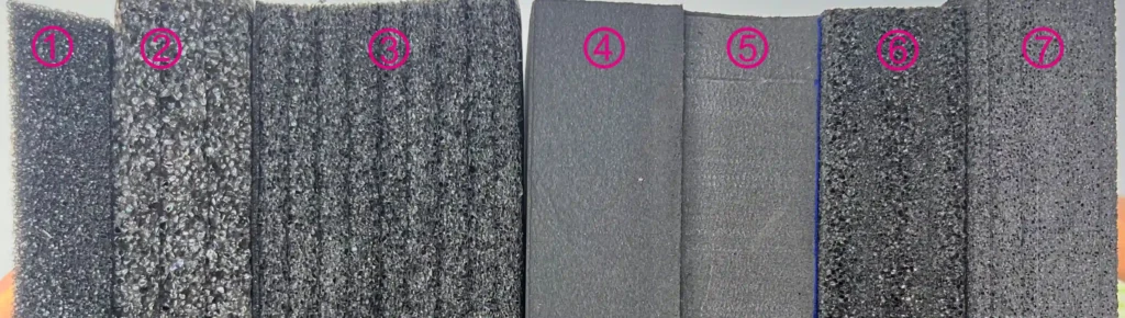 Side-by-side cross-section comparison of 7 packaging foam materials labeled 1 to 7. Shows texture evolution from porous PU Sponge (1) and EPE (2-3) to smooth EVA (4-5) and ultra-fine XPE/IXPE (6-7).