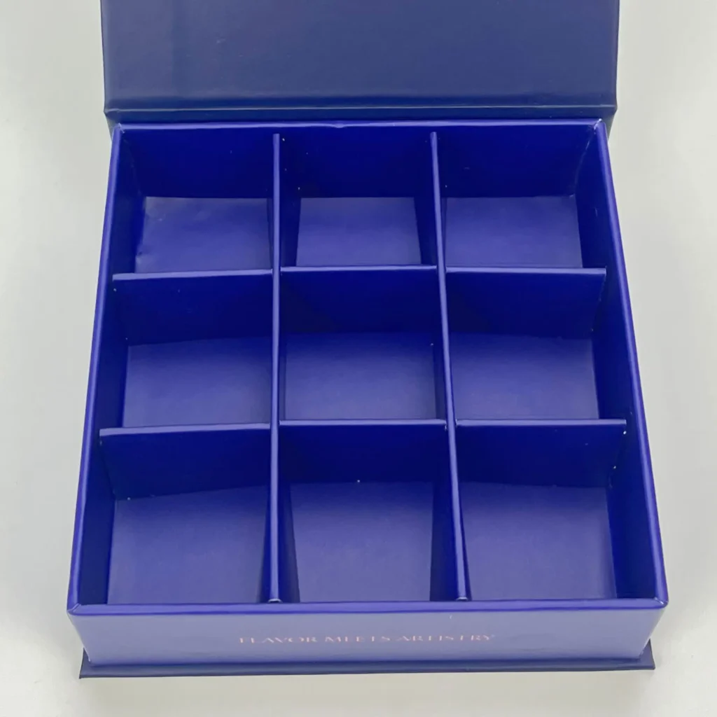 Deep blue 350gsm C1S cardstock insert for chocolates. Grid divider design, food-grade, glue-free assembly