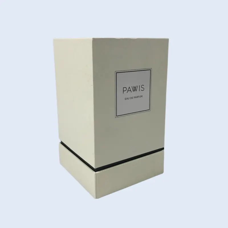 A luxury cream-colored shoulder gift box with a visible black neck (shoulder) designed for PAWIS Eau De Parfum. High-end fragrance packaging custom manufactured by ZY Pack in Longgang, Wenzhou.