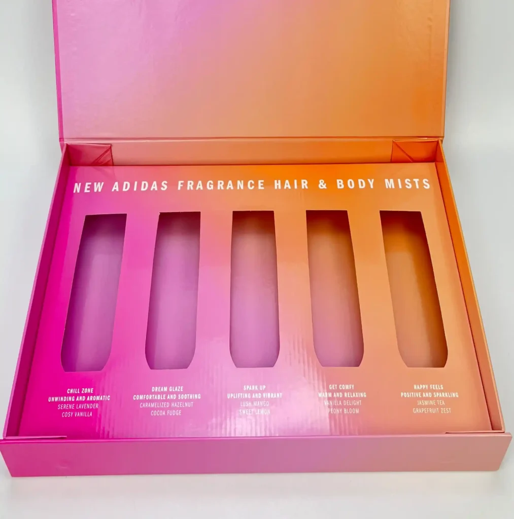 Pink gradient cosmetic insert for a global sportswear brand. High-quality offset printing laminated onto E-flute corrugated board. Foldable design with die-cut windows.