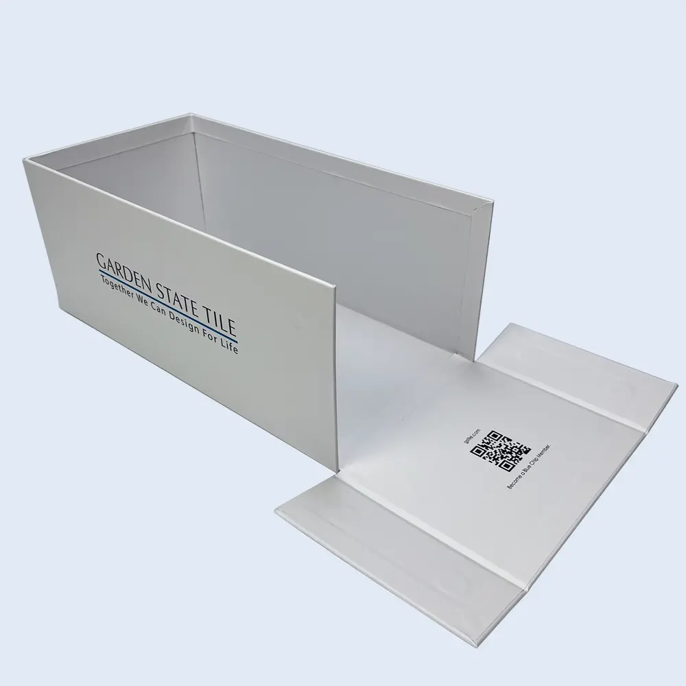 Large premium white rigid display box with custom black silk-screen logo for Garden State Tile, durable cardboard showcase packaging manufactured by ZY Pack in Wenzhou, China.
