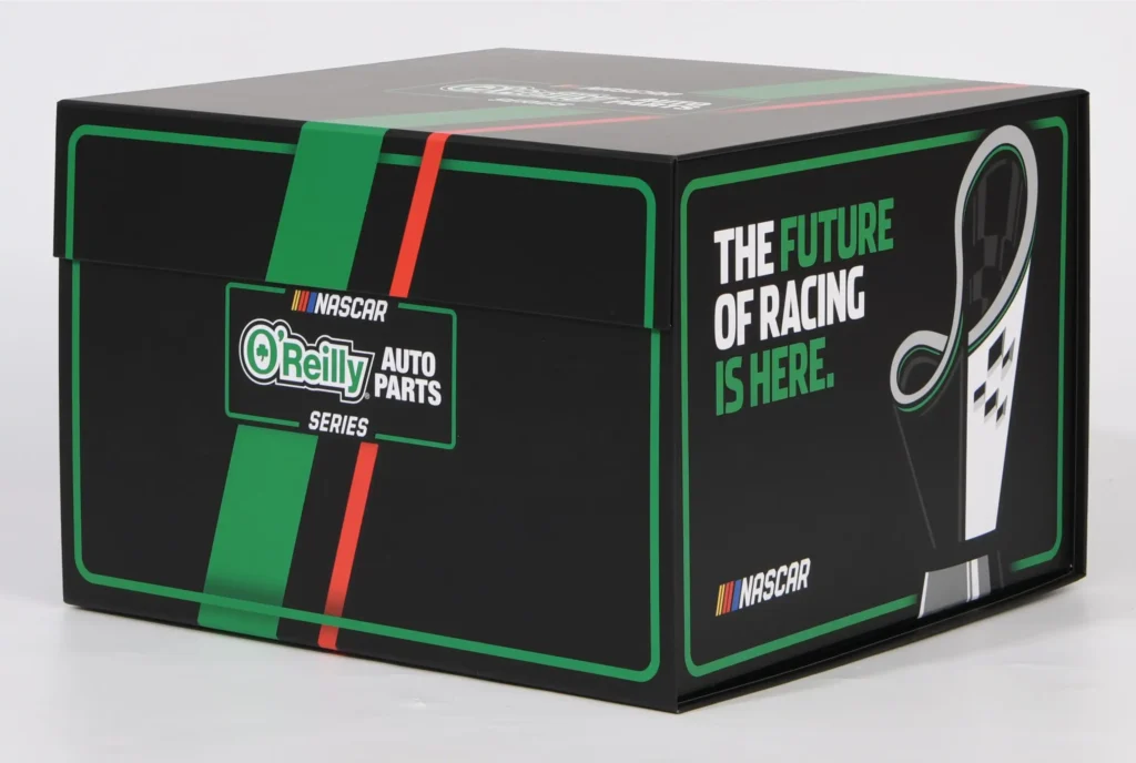Premium oversized collapsible gift boxes with magnetic closure manufactured by ZY Pack for NASCAR and O'Reilly Auto Parts, featuring high-definition printing and reinforced structural integrity.