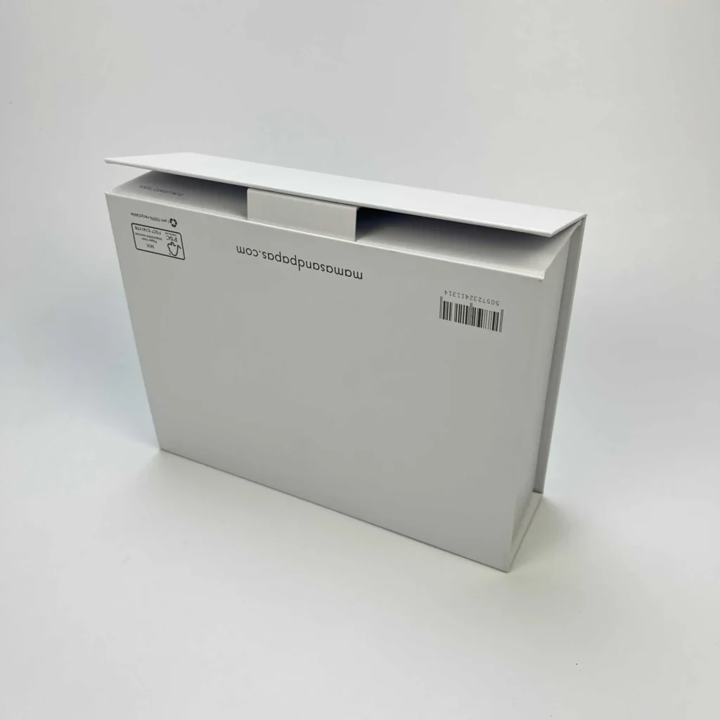 White collapsible rigid box with paper tab closure shown from side angle displaying FSC certified recyclable packaging label