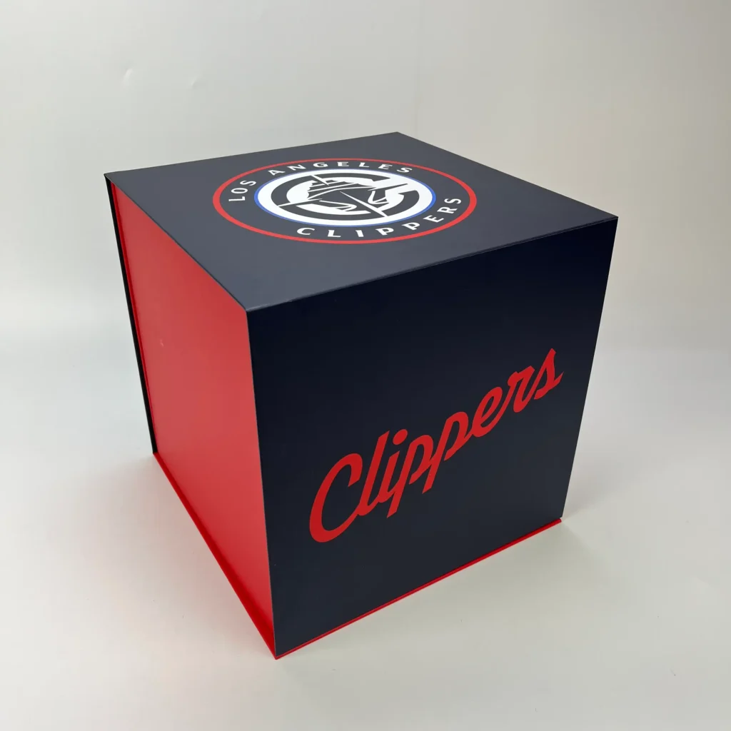 Assembled side-folding collapsible rigid cube box with full surface custom brand print for premium sports merchandise and collectible gift packaging